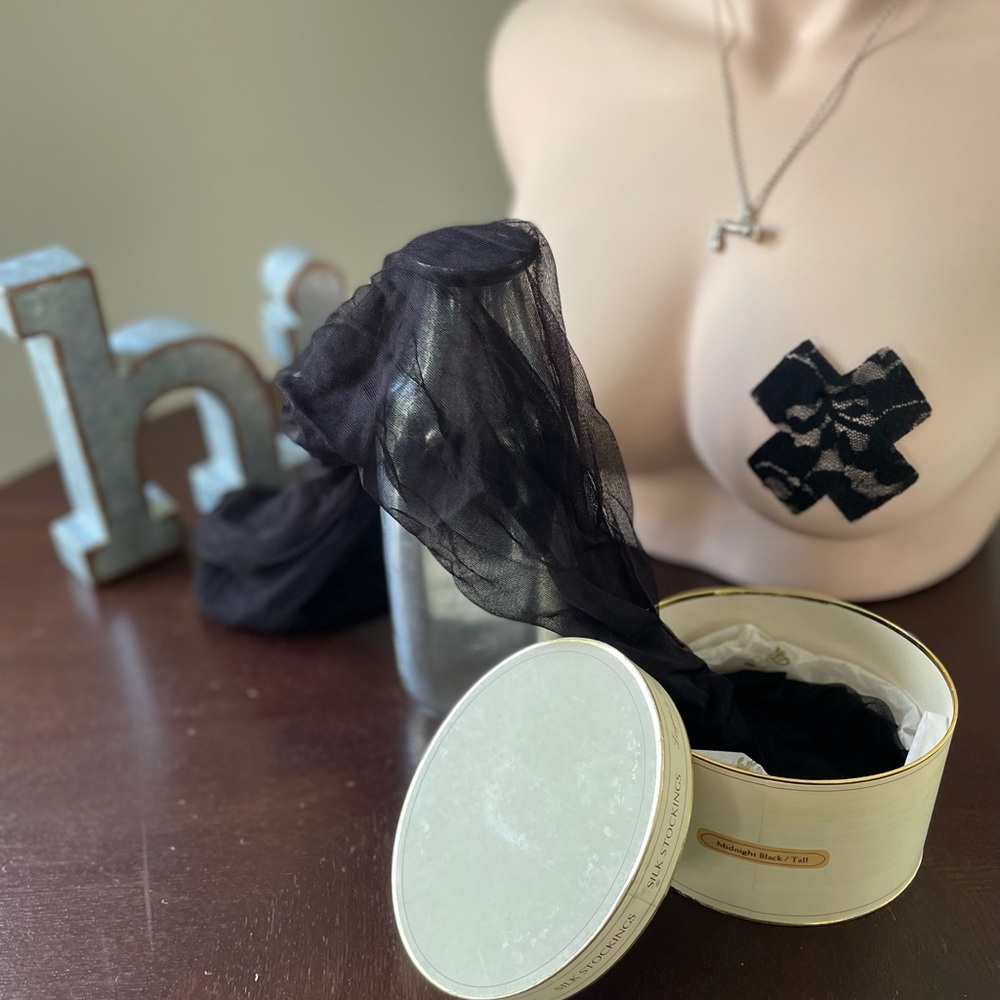 Vintage Victorias Secret %100 Silk Stockings Midnight Black.